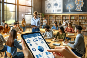 DALL·E 2024-01-09 05.55.59 – A modern classroom with a diverse group of students actively engaged in a discussion while a teacher, using a tablet, monitors the conversation with t